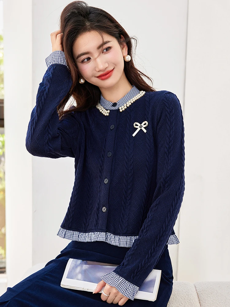 Women Clothes Fake Two Pieces Knitted Cardigan Autumn New Vintage Preppy Style Chic Casual Tops Female Simple Sweater