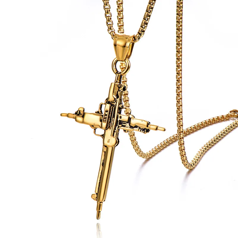 

Punk Rock Gold Silver Color Stainless Steel Gun Cross Pendant Necklaces for Men Jewelry Drop Shipping