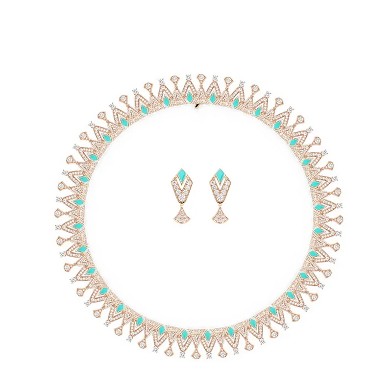 Designer Style Stud Earrings Necklace Women Lady Inlay Full Cubic Zircon Enamel Tassels Plated Gold Dinner Party Jewelry Sets