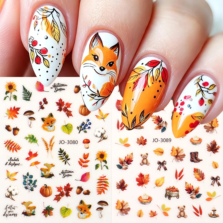 2pcs Autumn Fall Leaves Fox Nail Stickers Maple Leaf Pumpkin Nail Decals Mushroom Bear Nail Art Sticker Foil Manicure Decoration