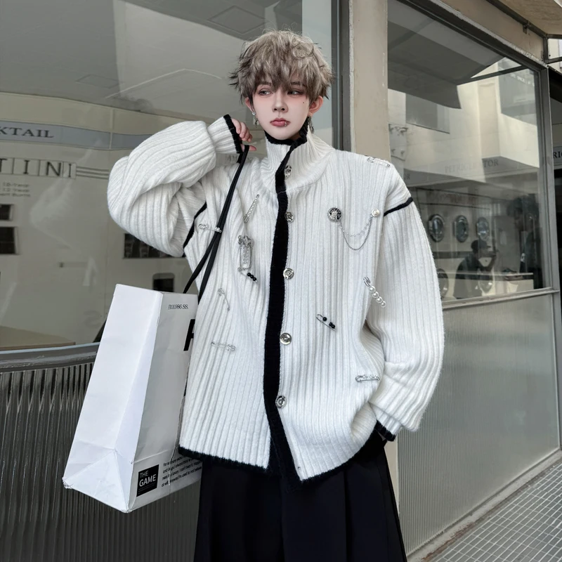 

Зимний модный кардиган 2025 с металлическим декором, на пуговицах, с воротником-стойкой, длинными рукавами, теплый, мягкий, из смесового хлопка