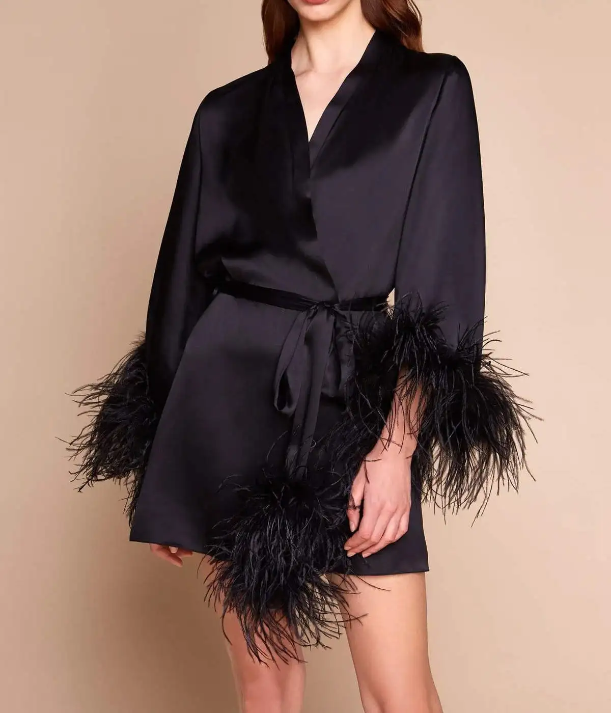 Women Feather Bathrobe V Neck Long Sleeve Mini Pregnant Party Sleepwear Ruffles Split  Sashes Robe Evening Dresses