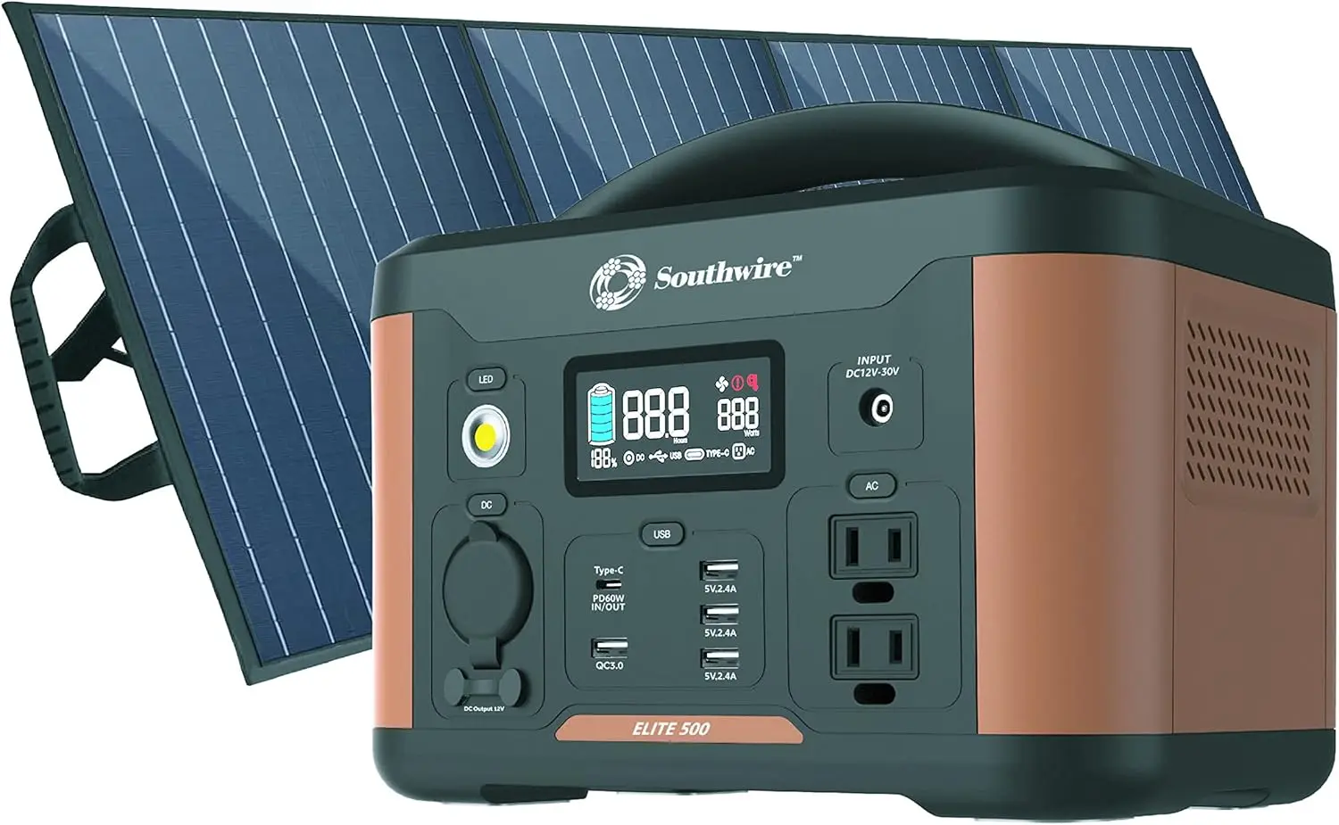 

Southwire Elite 500 Series, 515Wh Backup Lithium Battery, 120V/500W Pure Sine Wave AC Outlet, Solar Generator, with 100W Solar P