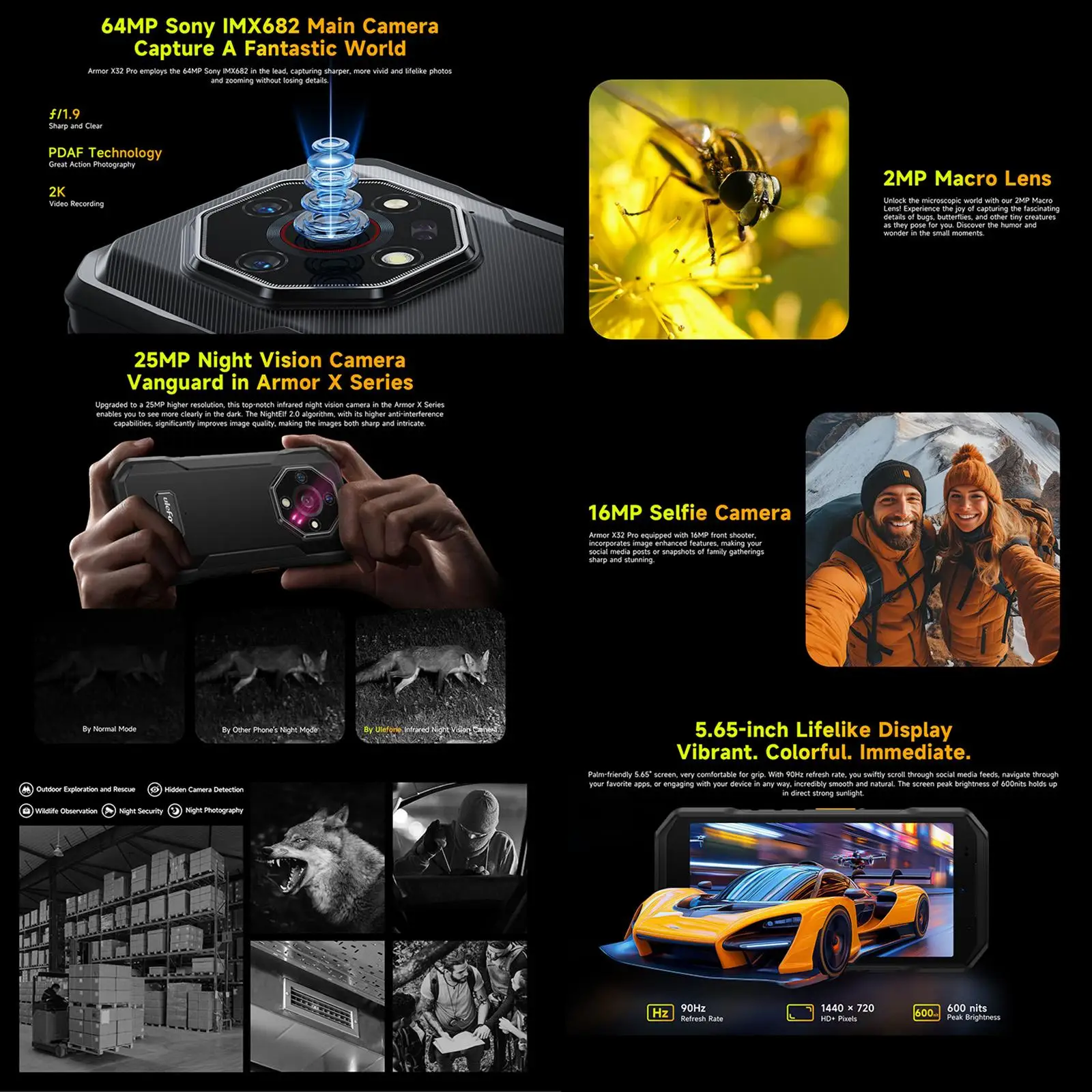 Ulefone Armor X32 Pro 5G هاتف متين 8GB + 256GB 6.56 بوصة أندرويد 14 كاميرا ليلية 64MP 6050mAh الأبعاد 6300 NFC الهاتف الذكي