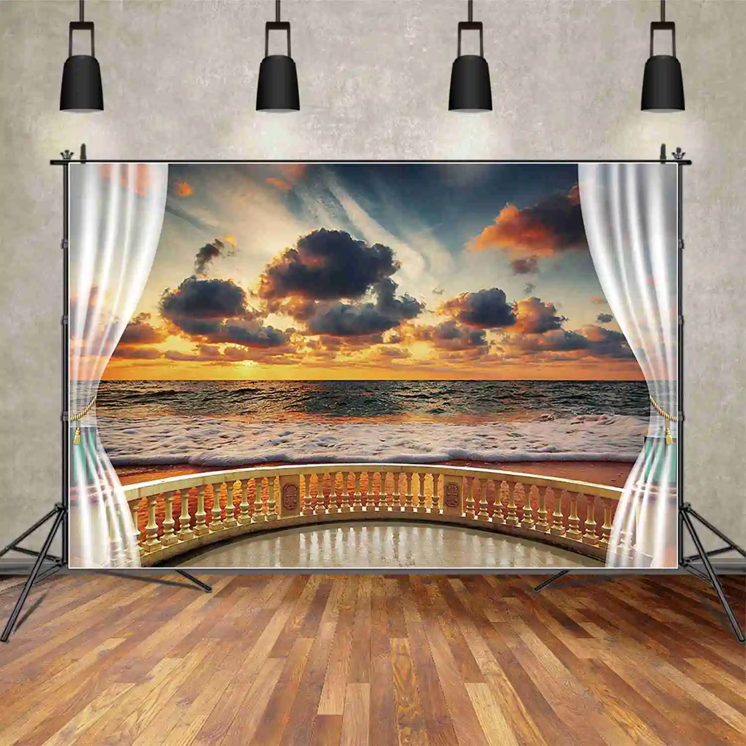 Lua. QG-Sunset Beach Wave Nuvens escuras, adereços de fotografia para adulto, motivos de aniversário masculino, oceano e beira-mar, cortina branca para festa