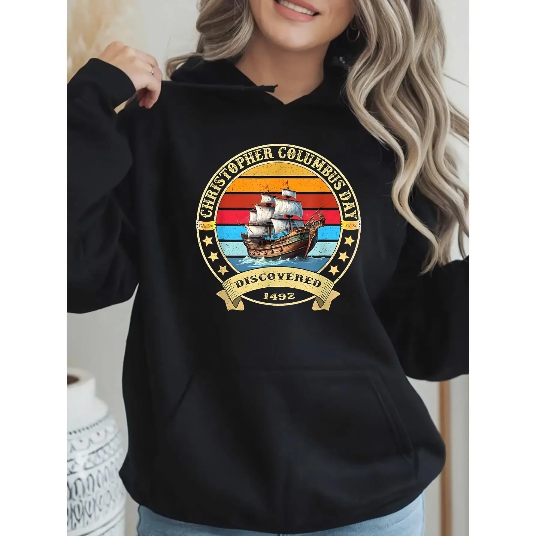 

Christopher Columbus Day Hoodie for Women Vintage Ship Graphic Pullover Sweatshirt Long Sleeve Loose Hooded Tops