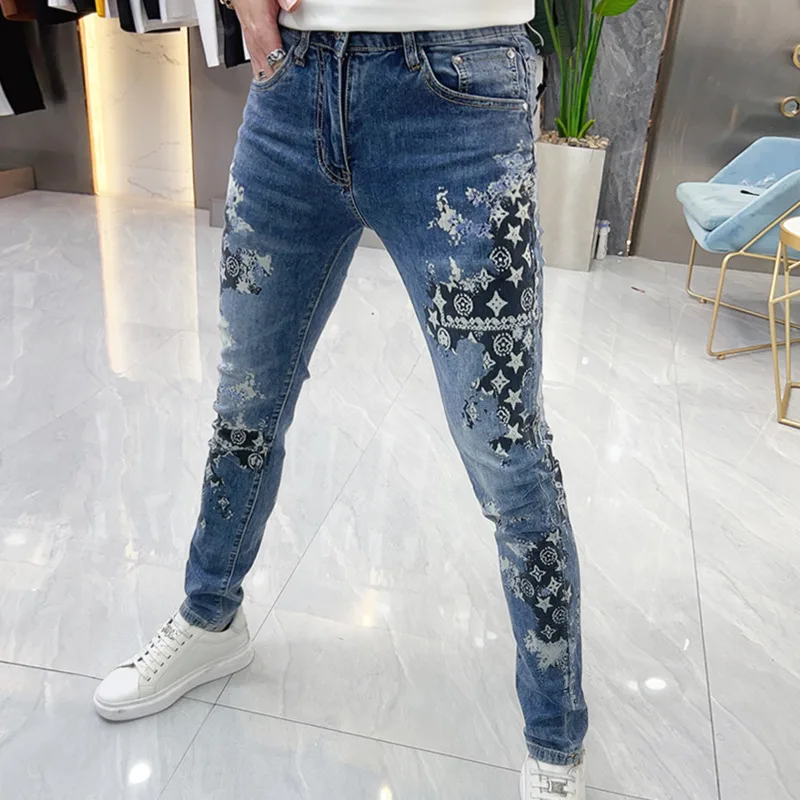 Contrasting Check Print Pattern Jeans Mens Trend Designer Jeans Masculina European Streetwear Fashion Jeans Hombre Denim Jean