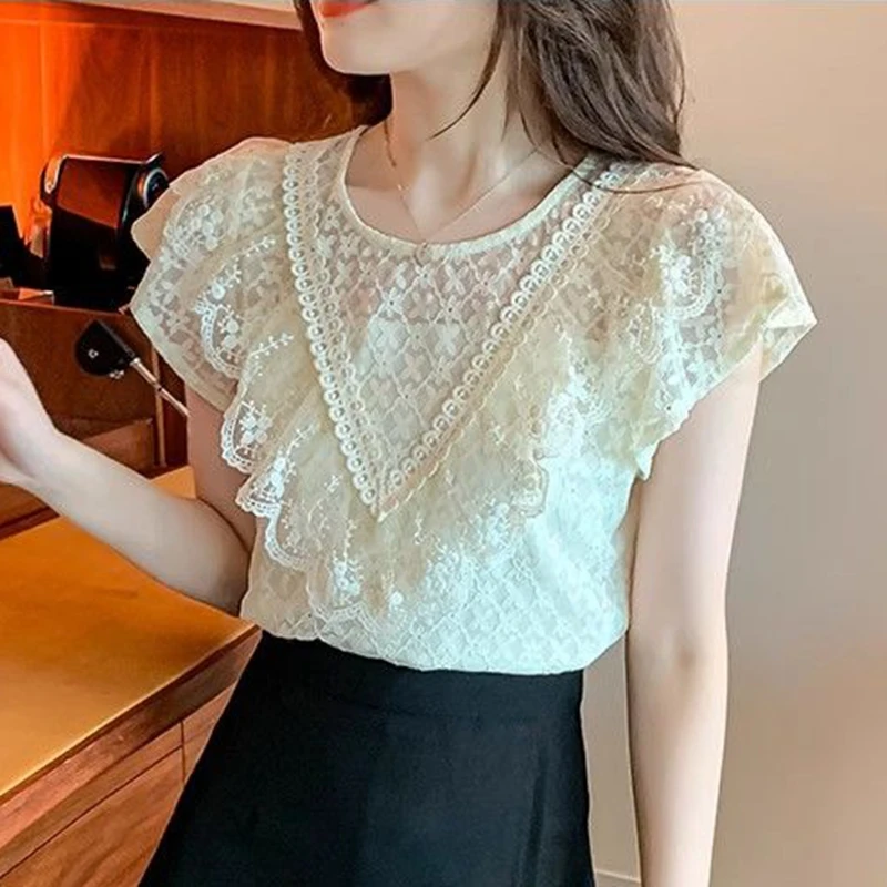 Vintage Hollow Out Lace Blouses Women Summer Short Sleeve Soild Y2k Clothes Slim French Ladies Casual White Tops Sweet Shirts view 3