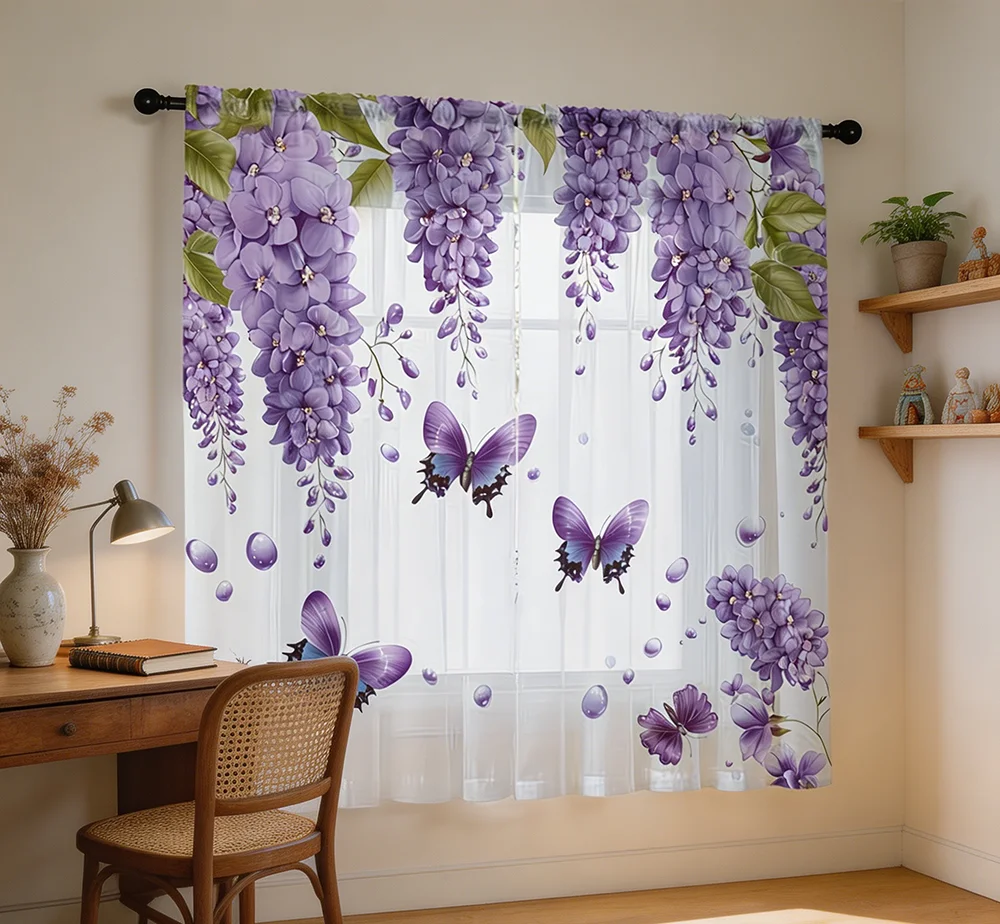 2PCS Digital Print Sheer Curtain, Purple Wisteria Butterflies Dancing Ver2, Elegant Dreamy Romantic Floral Vine Garden Decor