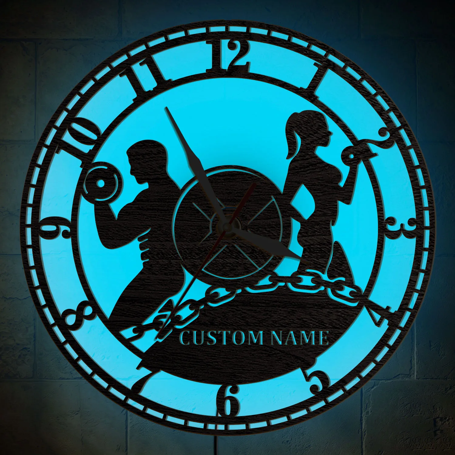 Custom Name Fitness Couple Silhouette Wooden Wall Clock for Home Gym Fitness Workout Room RGB Multi Color Night Light Wall Clock