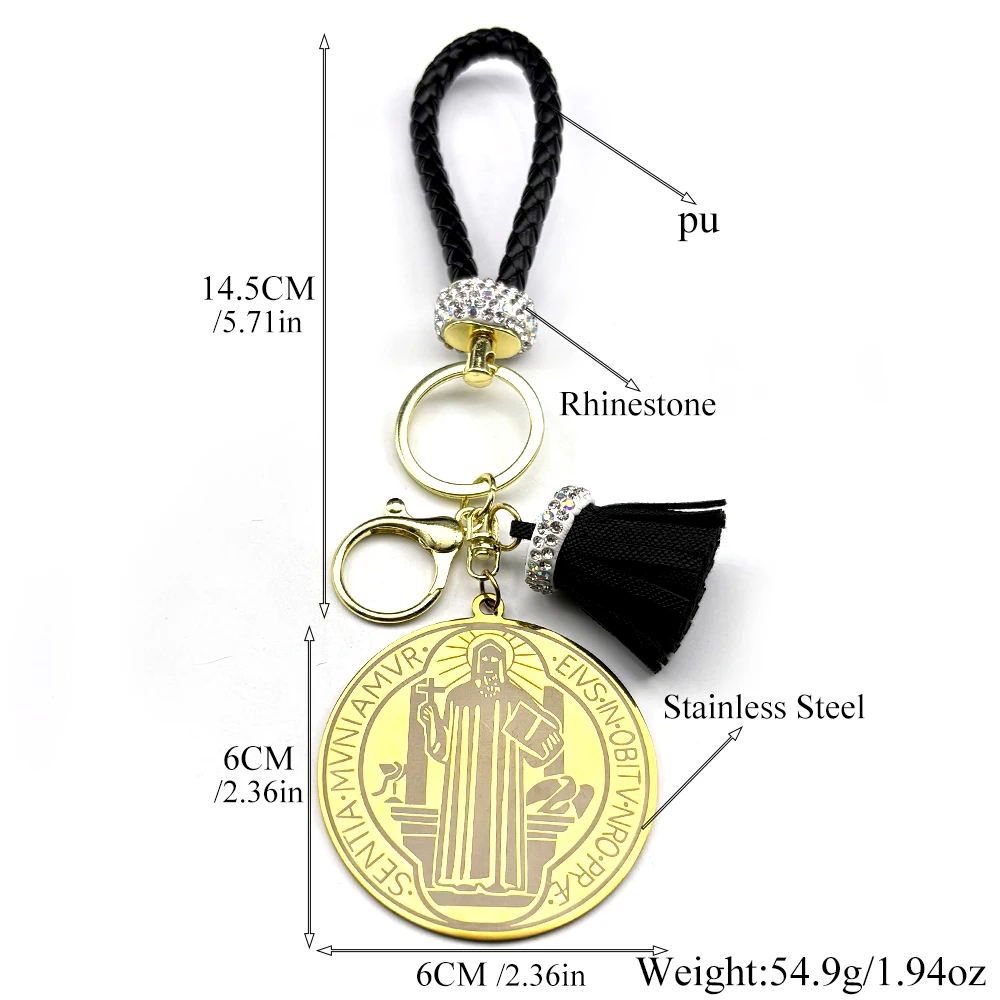 Catholic Saint Benedict Medal Stainless Steel Key Chain for Women Men Gold Color Leather Key Ring Holder Jewelry san benito