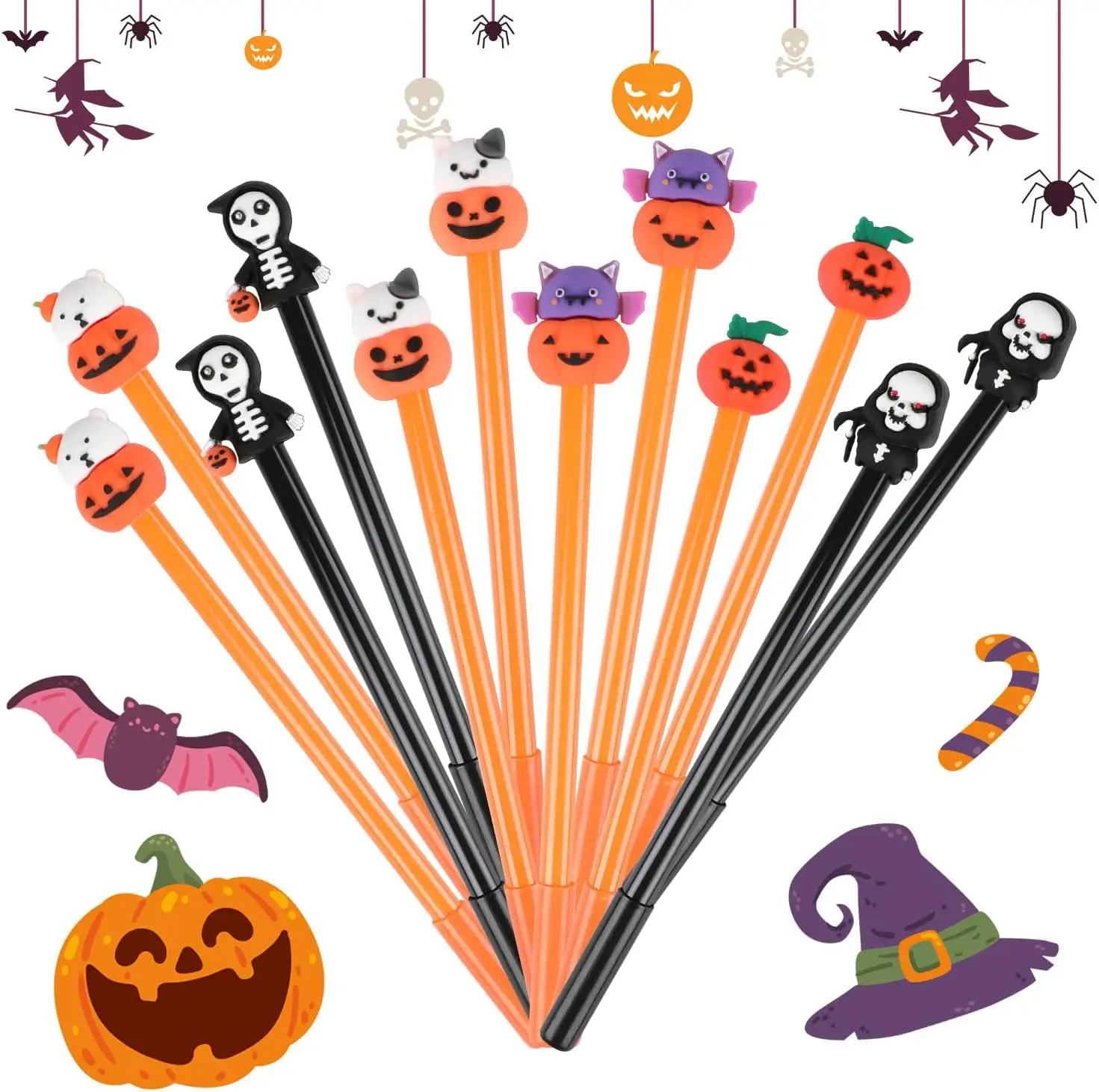 

24 Pcs Halloween Gel Ink Pens 0.5mm Black Rollerball Pen Pumpkin Shape Bat Skull Cute Pattern for Kids Office Students Gifts