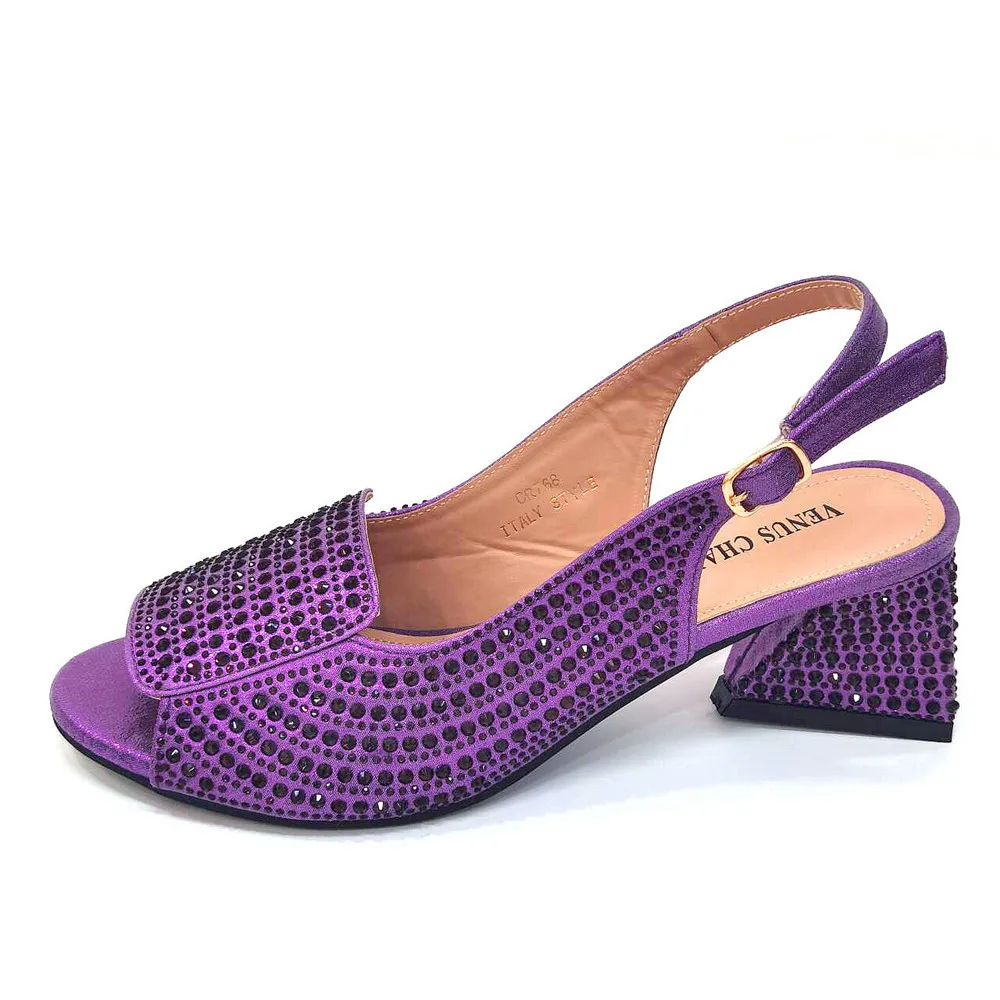 Italian Hollow Design Women Shoes Matching Bag in Purple Color Mature African Ladies Comfortable Heels Sandals for Party