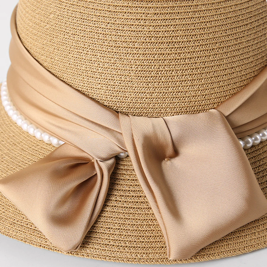 Spring and Summer Fragrant Breeze Pearl Bow Round Top Sun Protection Straw Hat Bowl Hat Fisherman Hat Women\'s Korean Edition Gra