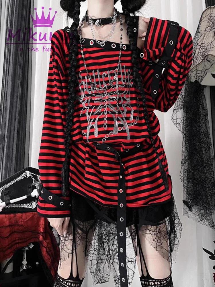 Harajuku Punk Black Blue Red Striped T Shirts Y2k Gothic Girls Off Shoulder Loose Butterfly Letter Long Sleeve Top Grunge Tees