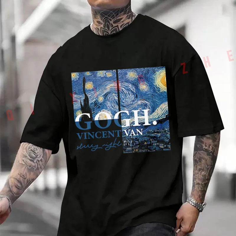 Creative Gogh Graphic Motorcycle Printed T-Shirt Men's Fashion Short Sleeve Exquisite Design Essential Top Tees
