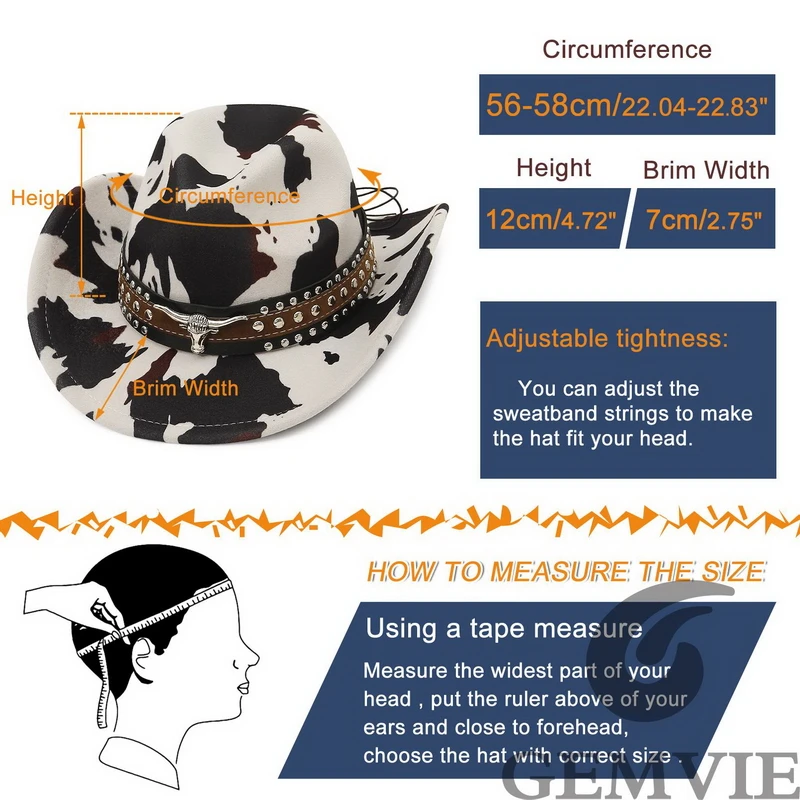 GEMVIE Retro Western Cow Print Cowboy Hat for Men Women Wide Brim Fedora Cowgirl Hat with Oxhead Leather Belt