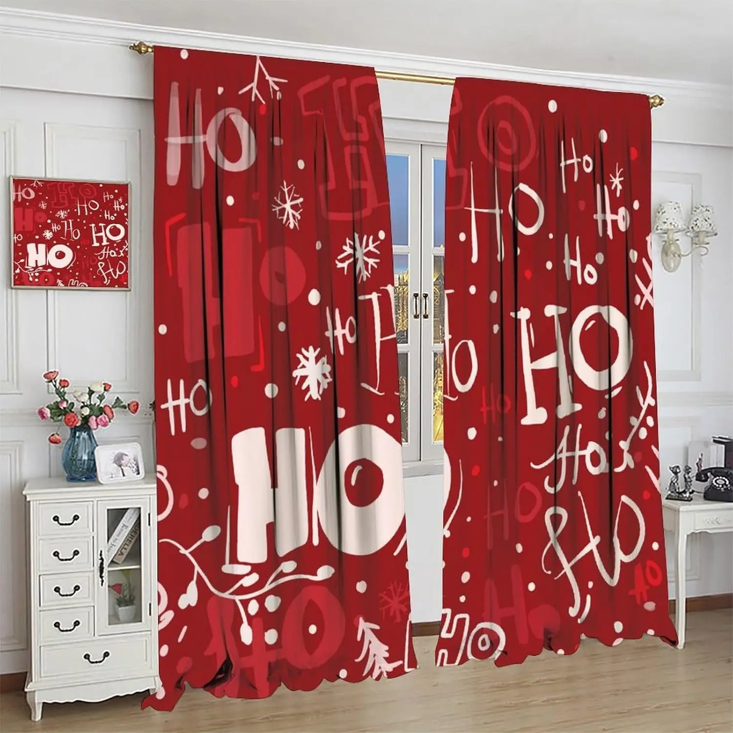 크리스마스 커튼, 산타클로스 웃음소리 '호호호' 패턴 창문 장식, 로드 포켓 단열 커튼 세트 (겨울용)