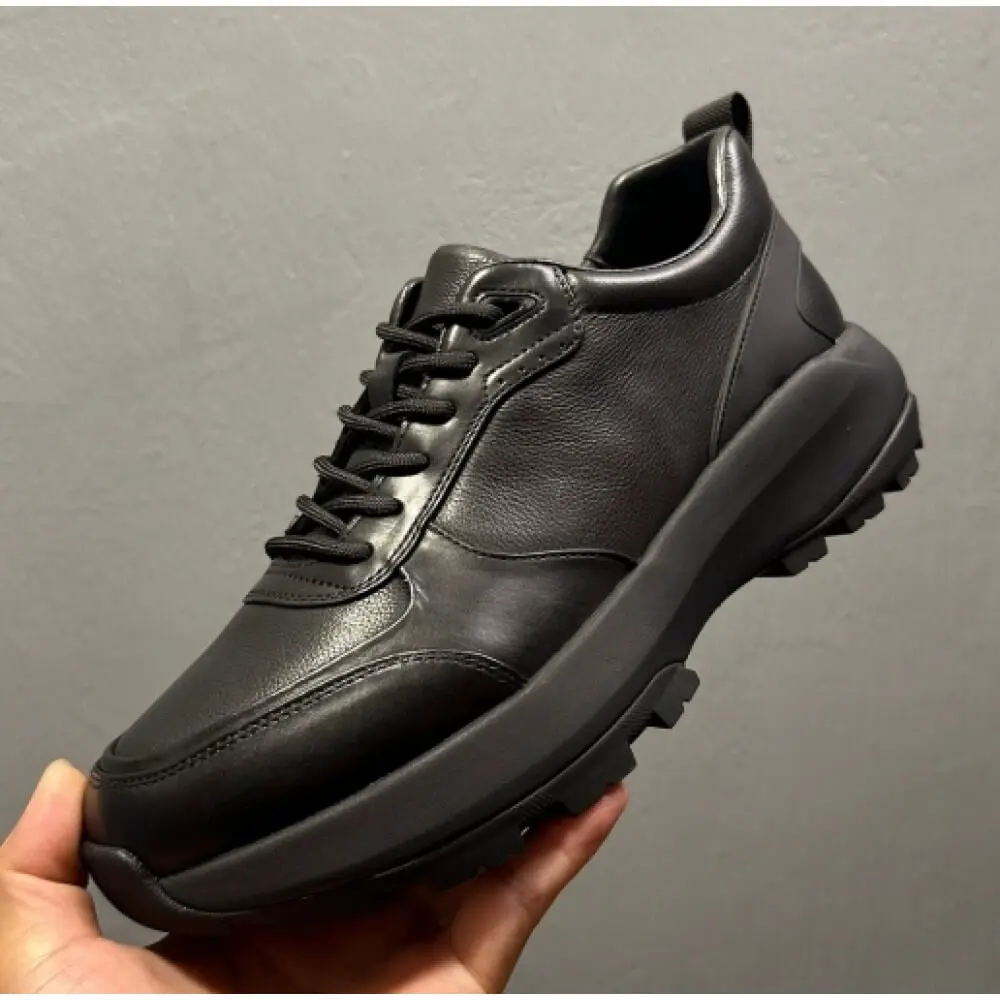 All-Black Leather Casual Sneakers, with matching laces and non-slip thick sole, stylish and comfortable