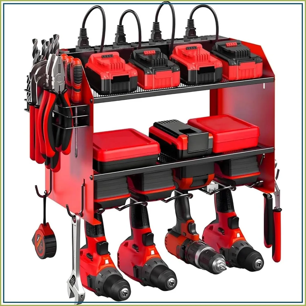 

Heavy Duty 3-Layer Tool Storage Rack with Charging Station, Cordless Drill & Battery Holder, 8-Outlet Power Strip for Garage Workshop