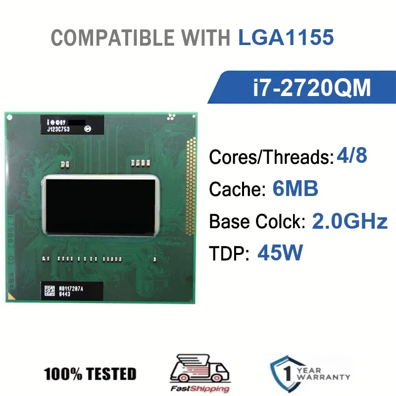 Intel Core i7-2720QM 4 núcleos 8 hilos 2.0GHz 45W 6MB de caché 32nm LGA1155 SR014 DDR3 1066/1333 MHz Sandy Bridge HD Graphics 3000