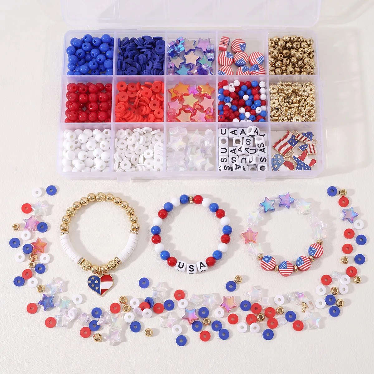15/24 Grids Polymer Clay Beads Jewelry Making Set Patriotic USA Independence Day Bracelet DIY Kit with Scissors 1160-1900pcs