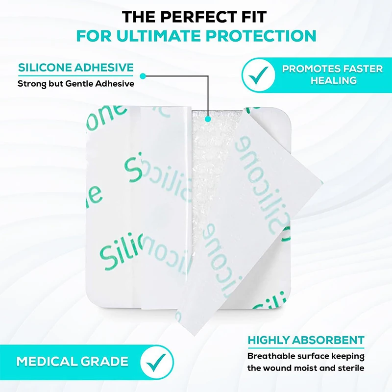 ضمادة رغوية بدون حدود مقاومة للماء وعالية الامتصاص على شكل مربع للعناية بالجروح، وسادة إسفنجية من السيليكون للإسعافات الأولية #5