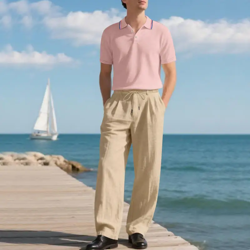 Conjunto Masculino Casual de Linho com Camisa de Manga Curta e Calça Longa para Negócios e Lazer - Nova Chegada Moda Verão Masculina