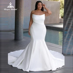 Simple Beach Mermaid Wedding Dress For Women Sexy Boat Neck Sleeveless Backless Pleat Bride Gown Soft Satin Sweep robe Plus Size