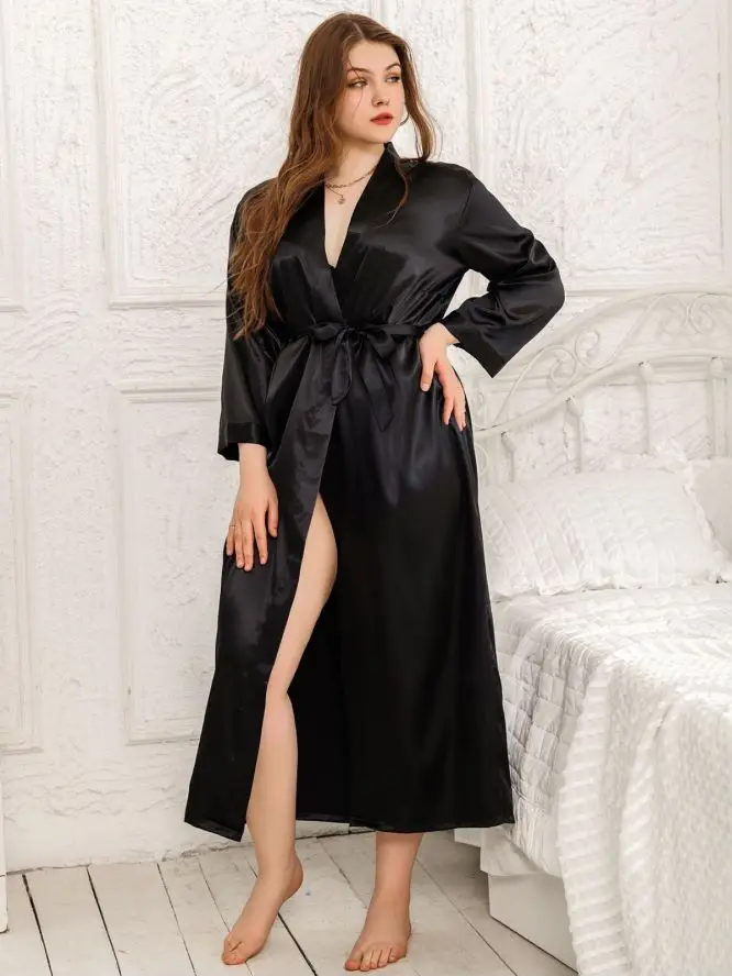 

Европейская и американская трансграничная новая женская длинная шелковая сексуальная ночная рубашка больших размеров, модная повседневная свободная кружевная ночная рубашка