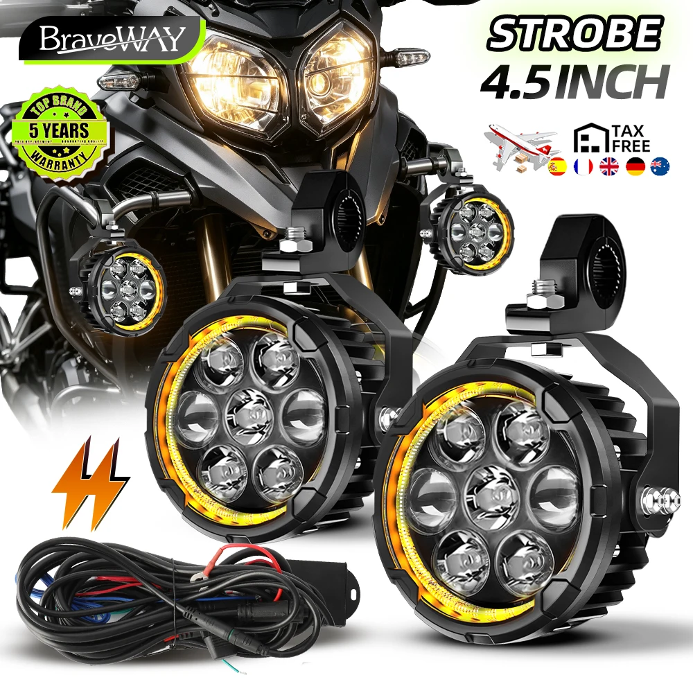 Braveway Offroad 2 Stück 4,5 Zoll 7 LED Runde Motorrad-LED-Scheinwerfer Weiß-Amber Tagfahrlicht mit Schwarz-Gelber Abdeckung Blinkende Nebelleuchte IP68