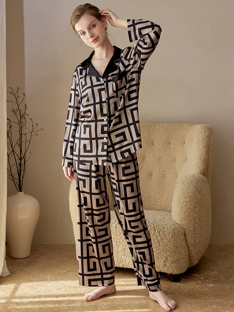 2024 Contrast Color Maze Thin Ice Silk Pajamas Suit Women Spring Summer Long Sleeve Top+Pants High Quality Outwear Home Clothes