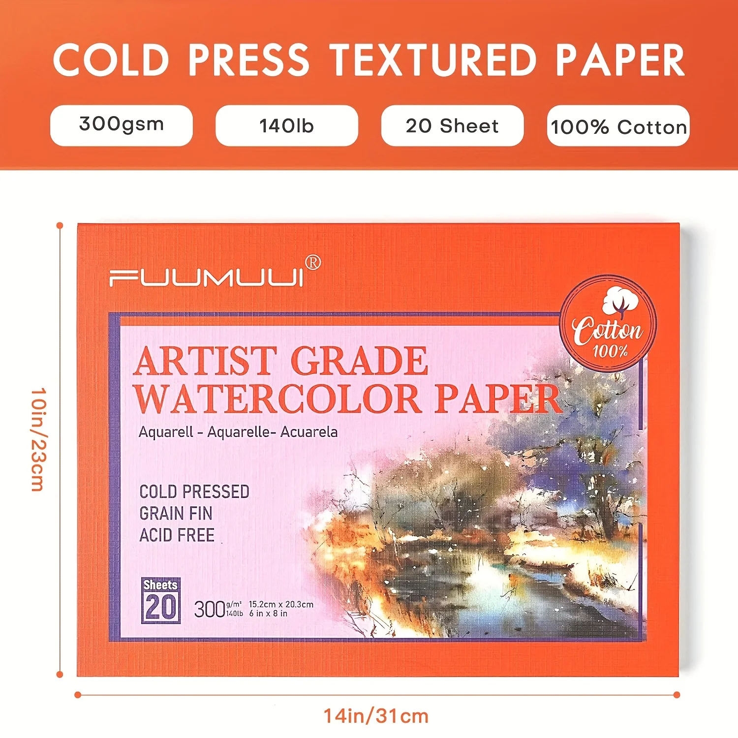 100% Cotton Watercolor Paper - 20 Sheets 10x14-inch Cold Pressed Watercolor Paper Pad - 140LB/300GSM Art Paper Block for Waterco