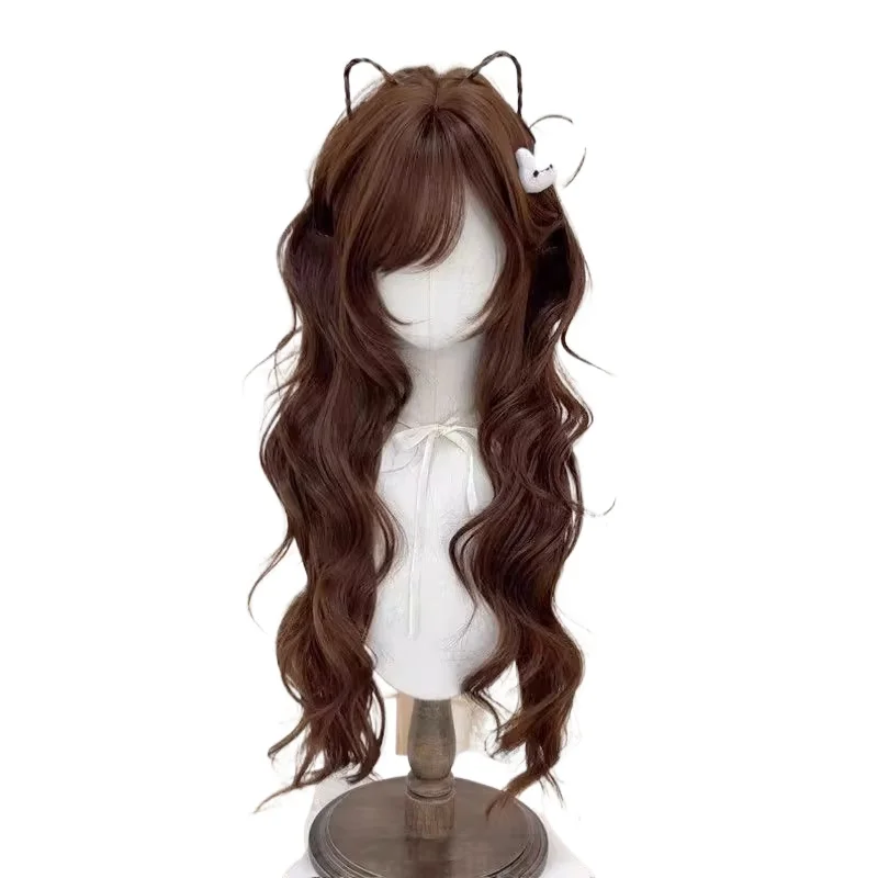 Bitlamb natural longo senhoras de fibra sintética cabelo chocolate cor marrom grande ondulado perucas cosplay para uso diário festa peruca completa