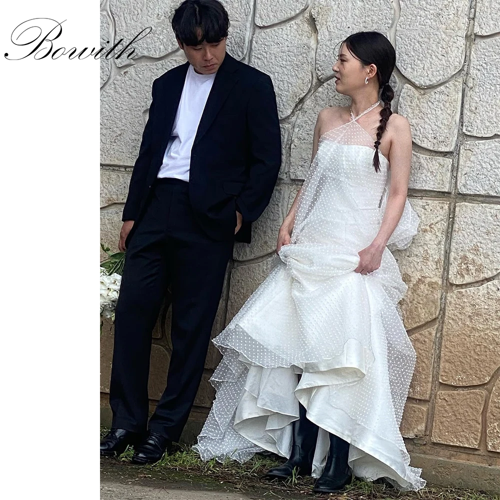 

Bowith Halter Korean Wedding Dresses Customized Dotted Tulle Bridal Reception Dresses Lovely Elegant Wedding Snap Dresses