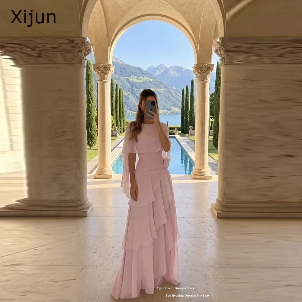 Xijun Elegant Pink Chiffon Evening Dresses Tiered Ruched Flowers Long Prom Dresses Elegant O-Neck Formal Prom Gowns Customized