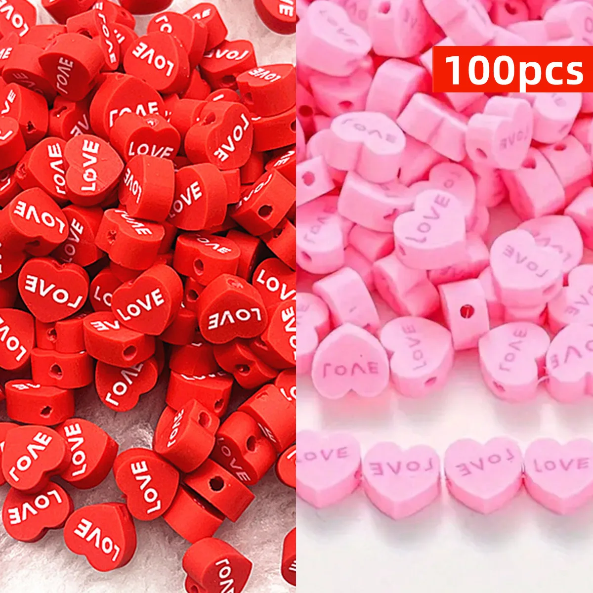 100pcs 10mm Red and Pink Peach Heart Soft Clay Beads for DIY Jewelry Making Bracelet Necklace Accessories