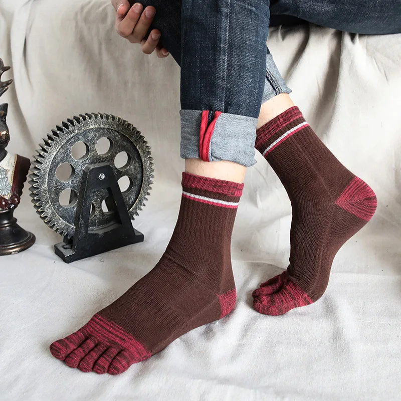 

5 Pairs Five-finger Socks Men's Autumn and Winter Thick Cotton Medium Tube Color Matching Sweat-absorbing Warm Sub Toe Socks