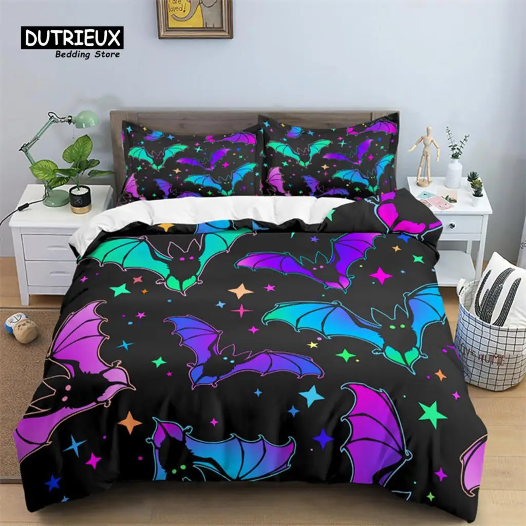 

Skull Bedding Set Halloween Bats Duvet Cover King Size Microfiber Pumpkin Skeleton Print Comforter Cover With Pillowcases Decor