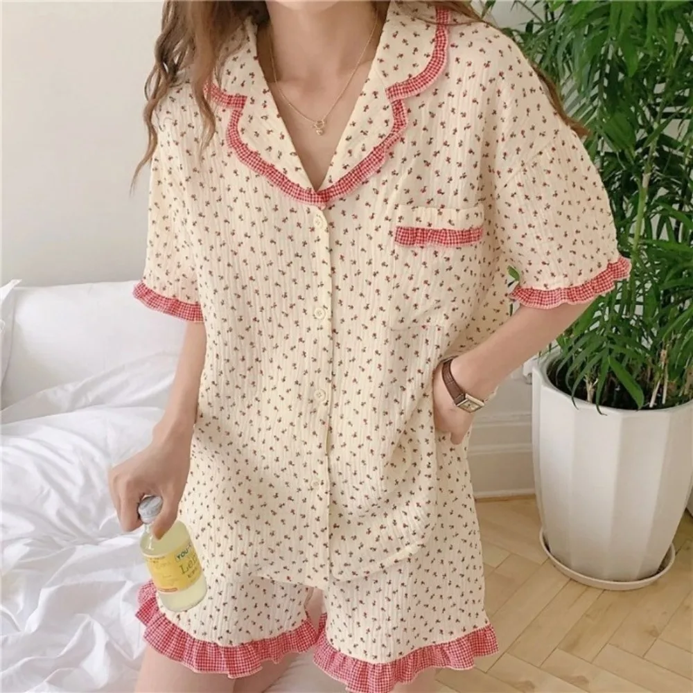 

Korean Version Lace Design Women Pajamas Set Short-Sleeved Shorts Women's Pajamas Pocket Ruffle Detail Floral Sleepwear Summer