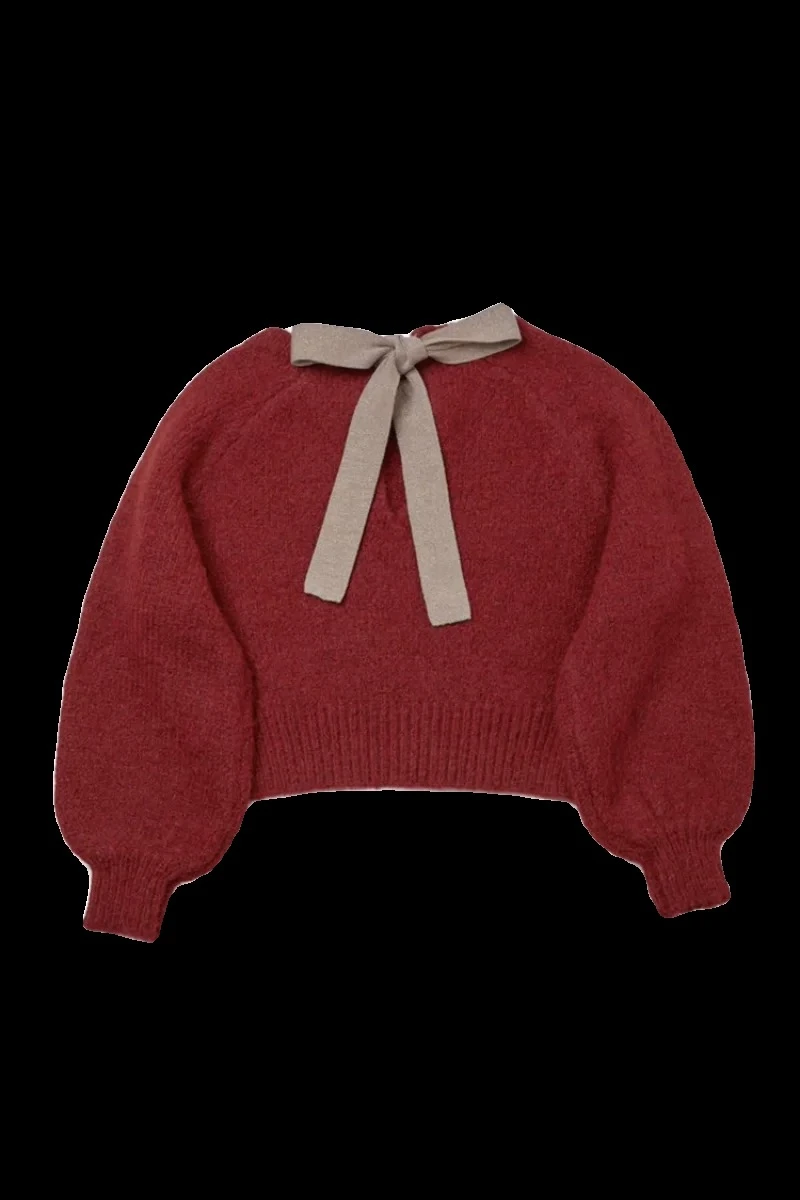 

Japanese Style Autumn Winter Back Tie Bow Round Neck Pullover Sweater Fashion Casual Knitwear Short Sweaters Top for Women