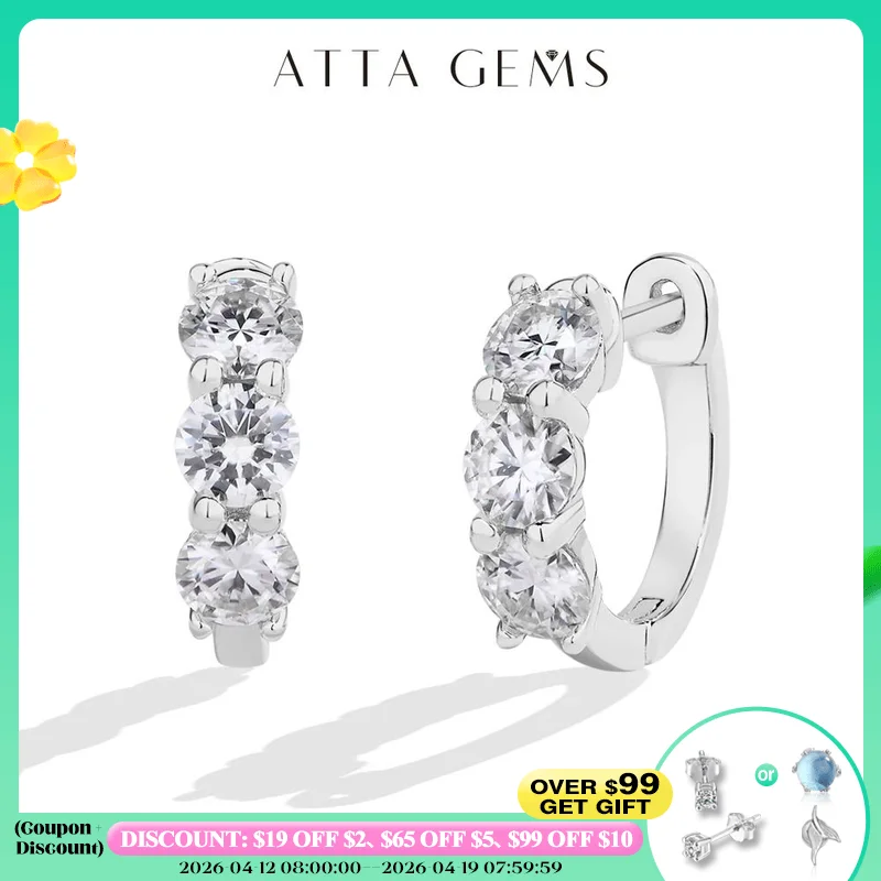 

ATTAGEMS Three Moissanite Diamond Earrings for Women Round Cut 1.8 CTW Hoop Earrings S925 Sterling Silver Wedding Daily Jewelry