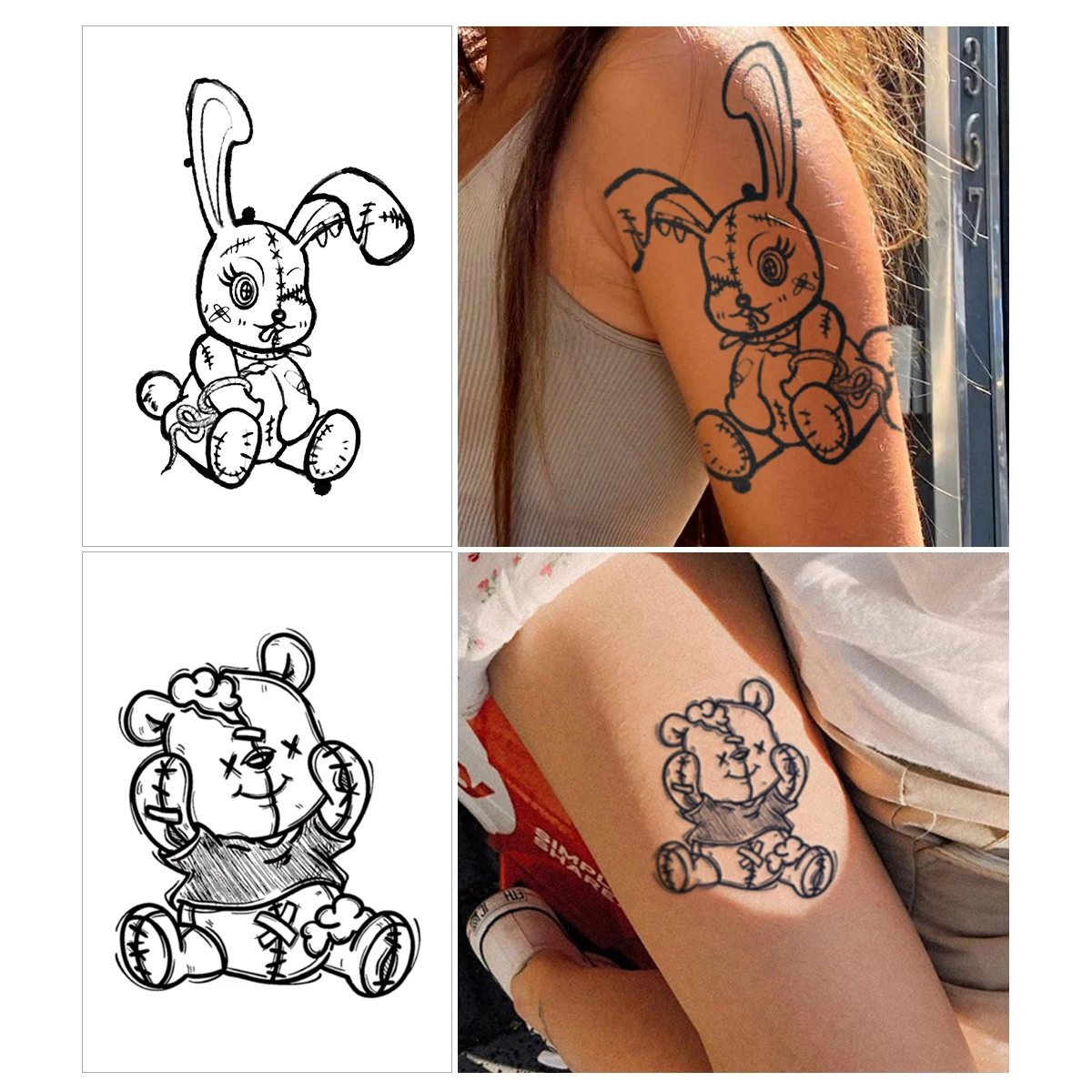 

2pcs Funny Bear Temporary Tattoo Sticker Cartoon Cute Bunny Animal Waterproof Disposable Tattoo Body Ankle Body Art for Women