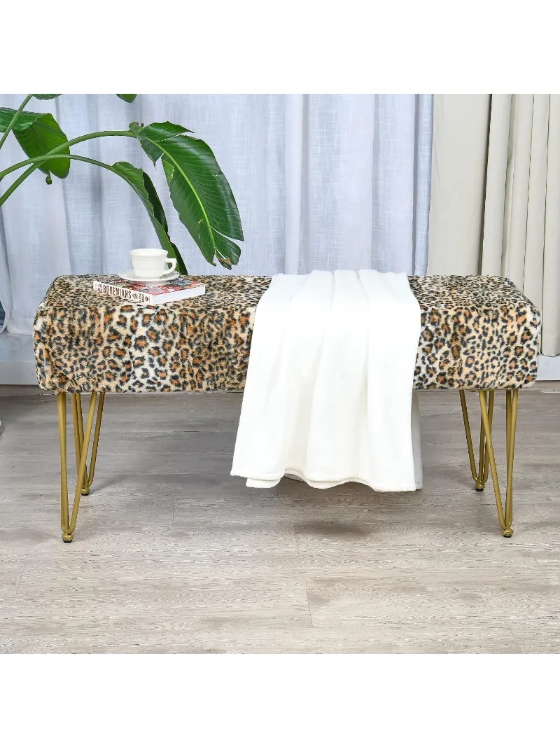 Leopard Print Faux Fur Ottoman Bench Footrest Stool Entryway Bedroom Vanity End of Bed Living Room Decor, Customized