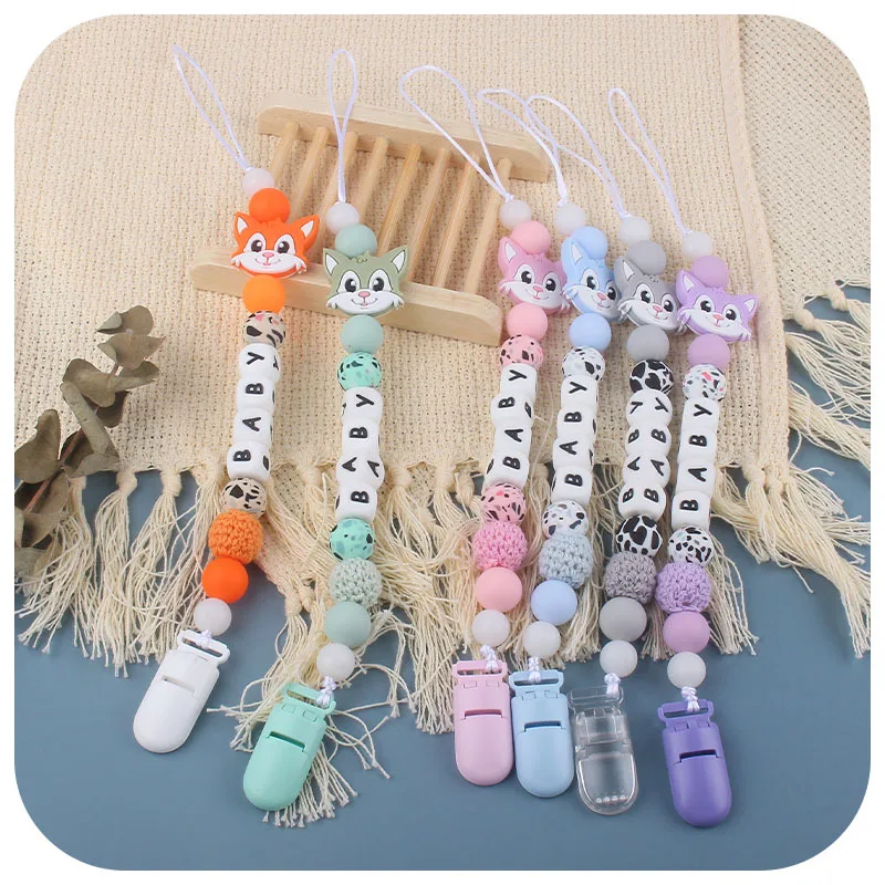 INS Baby Pacifier Clips Personalized Name Candy Color Silicone Cute Cat Dummy Nipples Holder Clip Chain Teething Toy Accessories