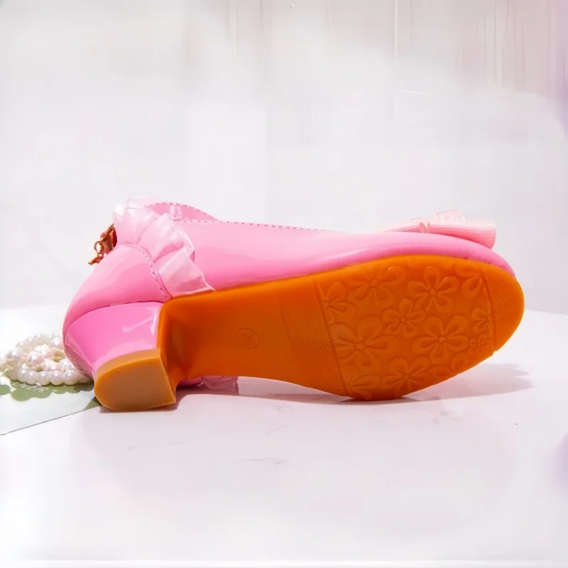 ULKNN Kids Shoes For Girl Dress Wedding Rhinestone Love Heart Pattern Butterfly Lace Mary Jane High Heel Children Princess Shoes