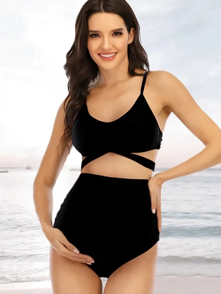 Sexy High Waist Maternity Women Bikini Set 2025 Solid Black/Rose Red V-Neck Two-Piece Pregnant Swimwear For Summer Beach Clothes