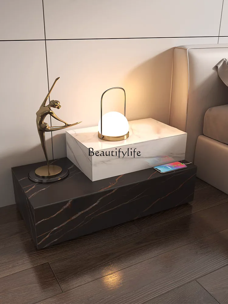 

Nordic Italian Style Full Rock Slab Bedside Table with Wireless Charging Simple Modern Bedroom Storage Cabinet