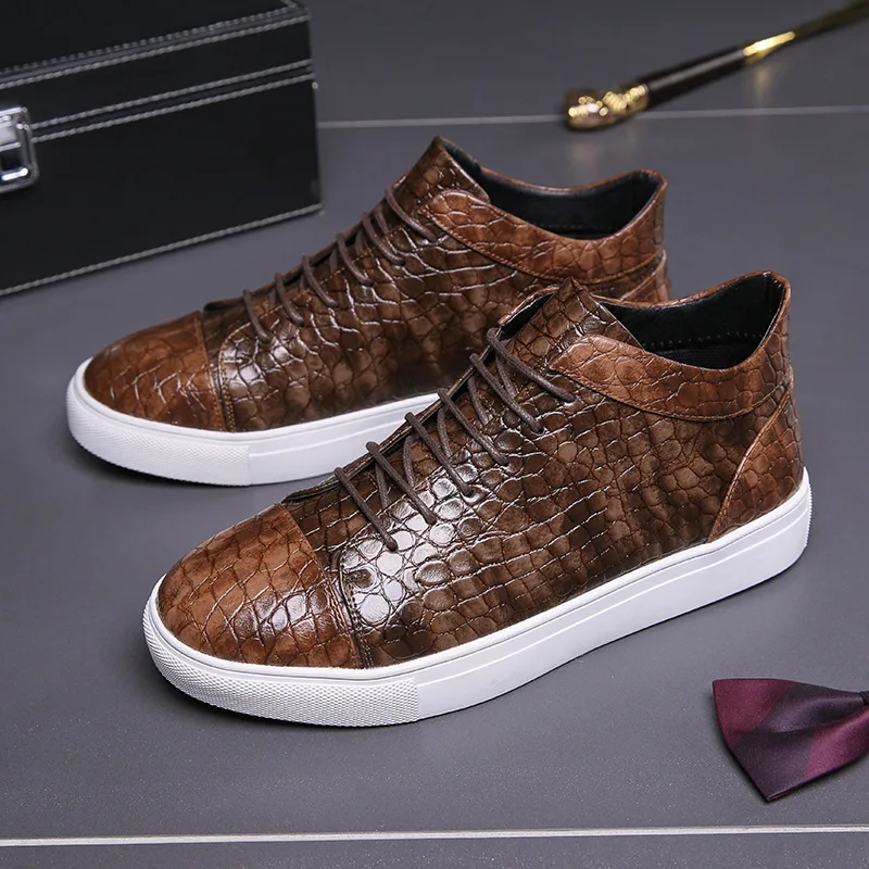 Luxury Retro Brown Men\'s High Top Shoes Lace-up Crocodile Leather Sneakers Man Flat Non-slip Men Vulcanized Shoes Big Size 47