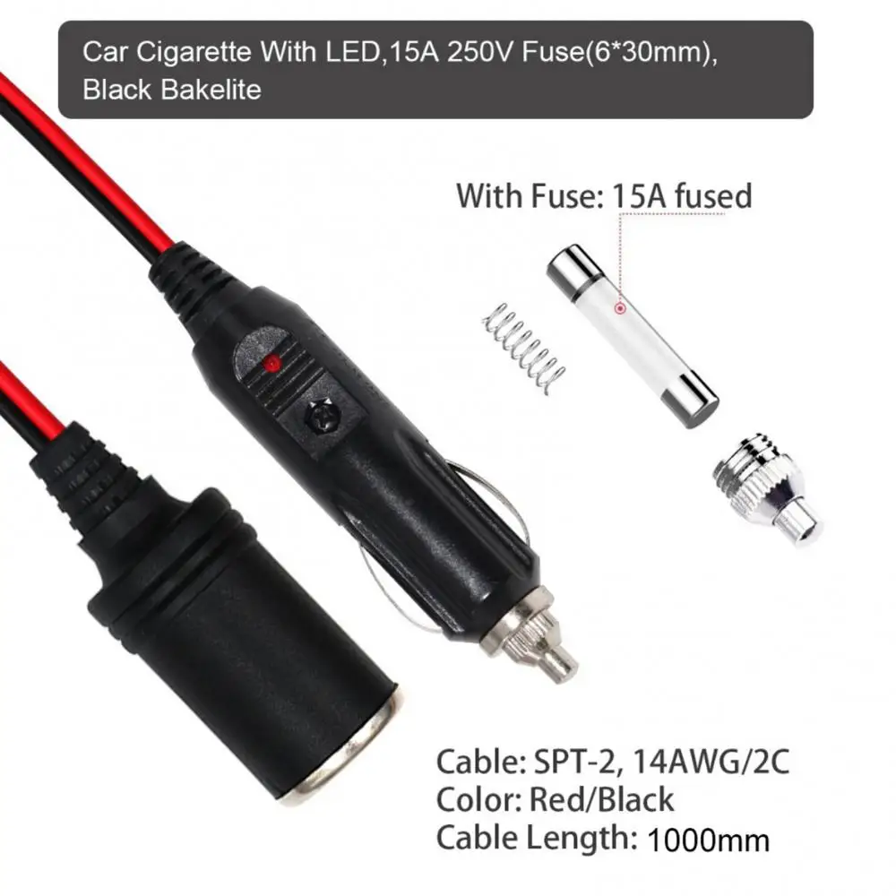 100W 12/24V With Indicator Light Car Cigarette Cigar Lighter Extension Cable Socket Lead Cord Adapter Durable Easy To Use